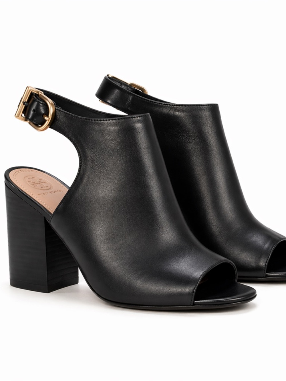 Tory Burch Grove Black Leather Open Toe Booties Block Heel 4.5” Size 9.5